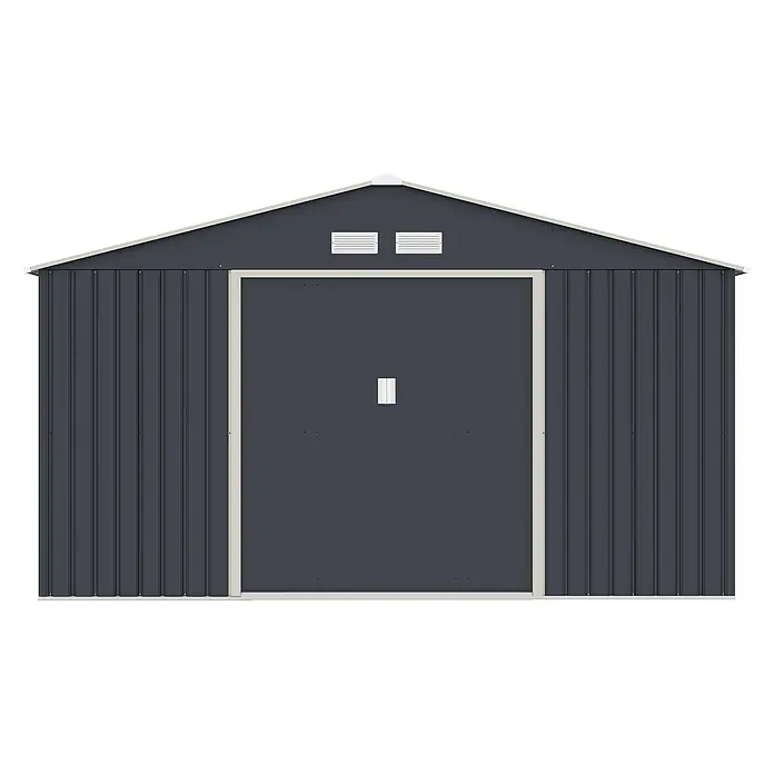 HATTORO Gerätehaus S350 - Außenbreite inkl. Dachüberstand: 341 cm, Außentiefe inkl. Dachüberstand: 322 cm, Stahl, Grau - Dunkelgrauer Metall-Gartenschuppen mit hellbeigem Rahmen, einer zentralen Tür und zwei oberen Lüftungsschlitzen.