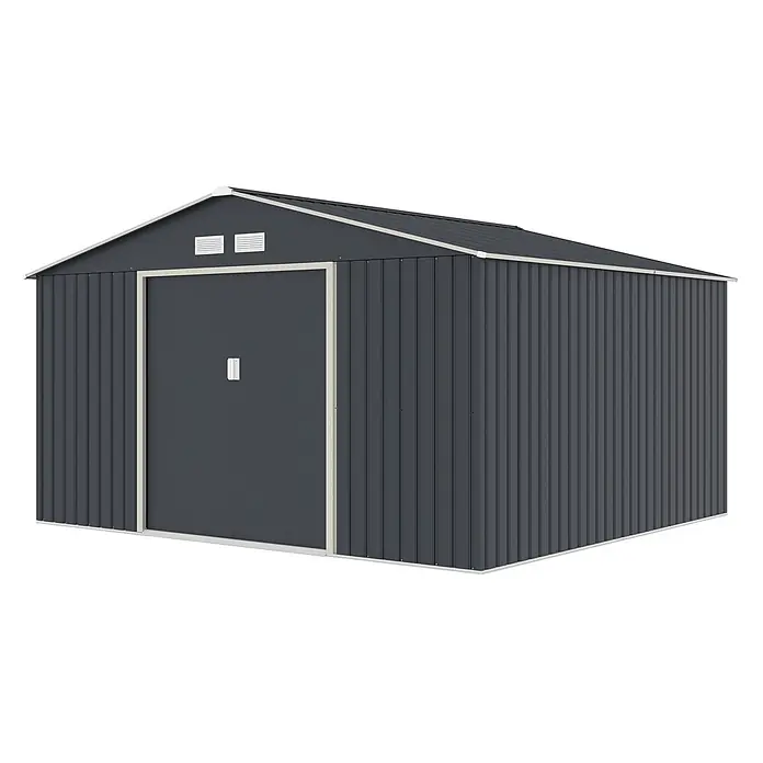 HATTORO Gerätehaus S350 - Außenbreite inkl. Dachüberstand: 341 cm, Außentiefe inkl. Dachüberstand: 322 cm, Stahl, Grau - Dunkelgraues Wellblech-Gartenhaus mit Satteldach, weißem Zierleisten und Lüftungsschlitzen für den Außenbereich.