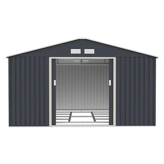 HATTORO Gerätehaus S350 - Außenbreite inkl. Dachüberstand: 341 cm, Außentiefe inkl. Dachüberstand: 322 cm, Stahl, Grau - Dunkelgraues Wellblech-Gartenhaus mit offenen Schiebetüren, das den Innenbodenrahmen und Dachlüftungen zeigt.