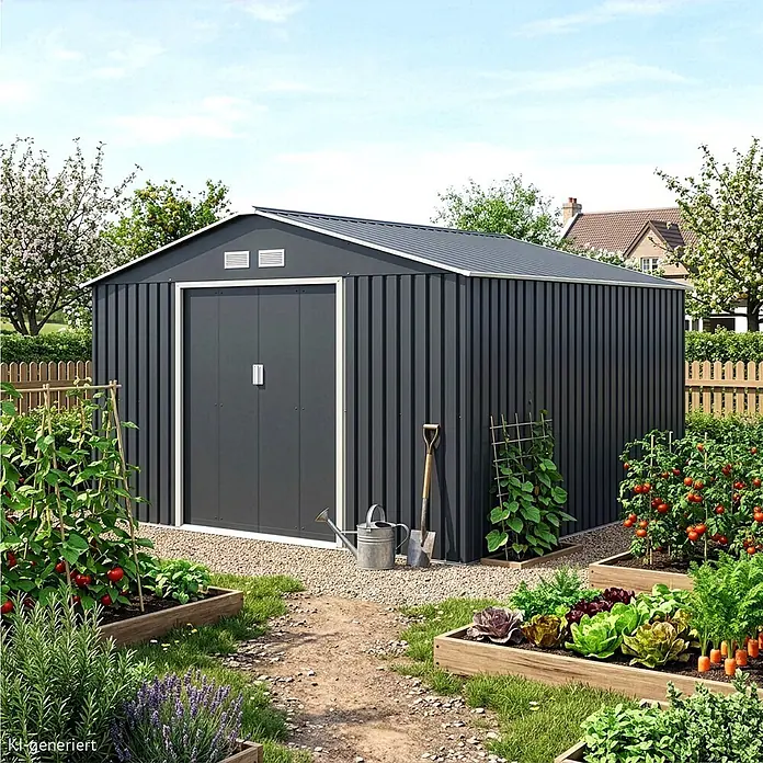 HATTORO Gerätehaus S350 - Außenbreite inkl. Dachüberstand: 341 cm, Außentiefe inkl. Dachüberstand: 322 cm, Stahl, Grau - Dunkelgraues Metall-Gartenhaus mit Doppeltüren, in einem Hinterhofgarten mit Hochbeeten.
