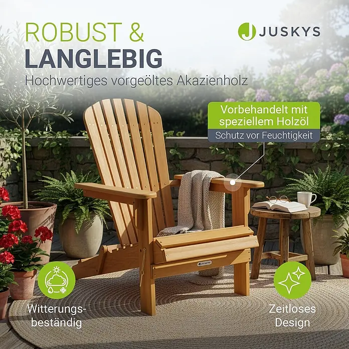 Juskys Gartenstuhl Korfu - Akazienholz, Klappbar, natur, B x T x H: 69 x 85 x 94 cm - Ein robuster Adirondack-Stuhl aus vorgeöltem Akazienholz für den Außenbereich, wetterbeständig und in zeitlosem Design.
