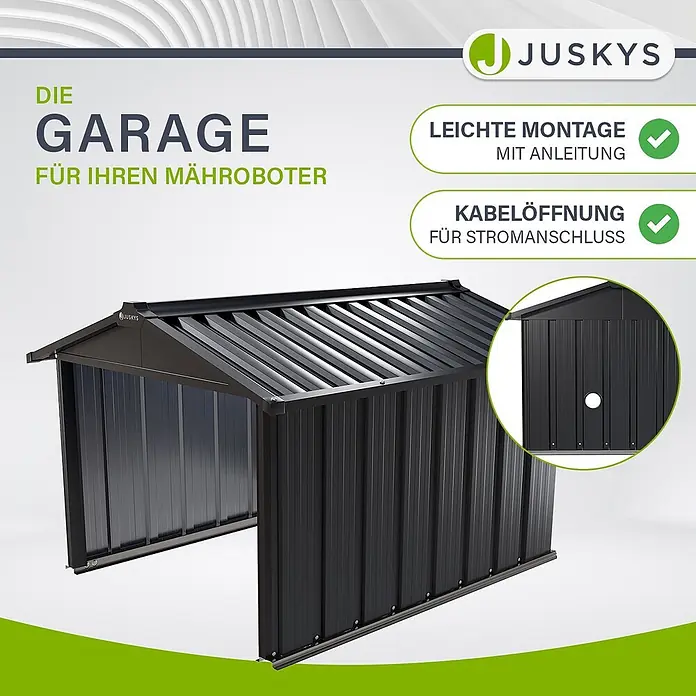 Juskys Mähroboter-Garage Mähroboter Garage - L x B x H: 98 x 89 x 63 cm, Anthrazit, Mähroboter - Dunkelgraue Metallgarage für Mähroboter mit Wellblechdach und Kabelöffnung für Stromanschluss.