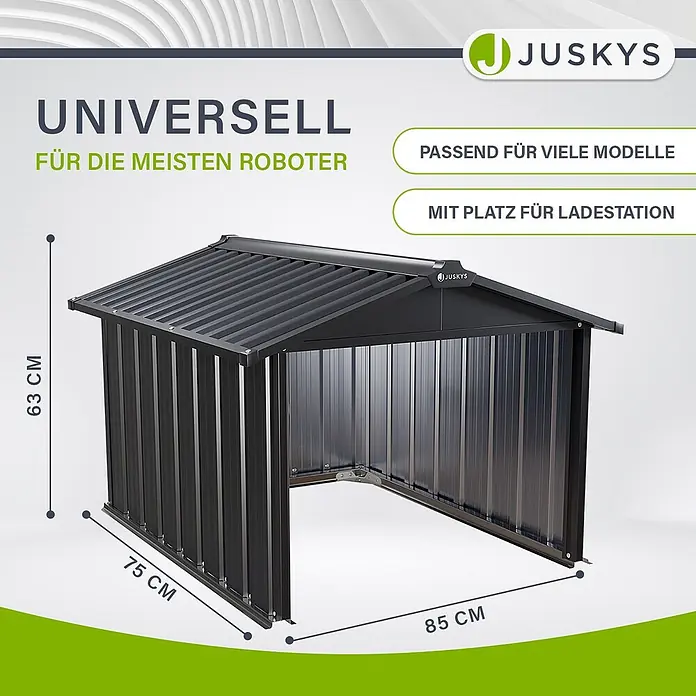 Juskys Mähroboter-Garage Mähroboter Garage - L x B x H: 98 x 89 x 63 cm, Anthrazit, Mähroboter - Dunkelgraue Metallgarage für Mähroboter, universell und mit Platz für die Ladestation. Maße: 63x75x85 cm.