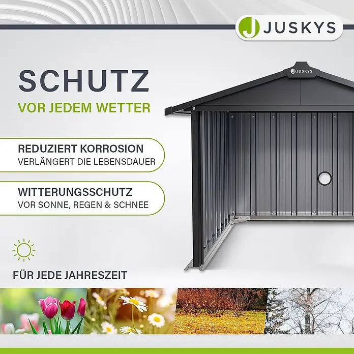 Juskys Mähroboter-Garage Mähroboter Garage - L x B x H: 98 x 89 x 63 cm, Anthrazit, Mähroboter - Dunkelgraues Metallgerätehaus für den Außenbereich, konzipiert für umfassenden Wetterschutz und lange Haltbarkeit.