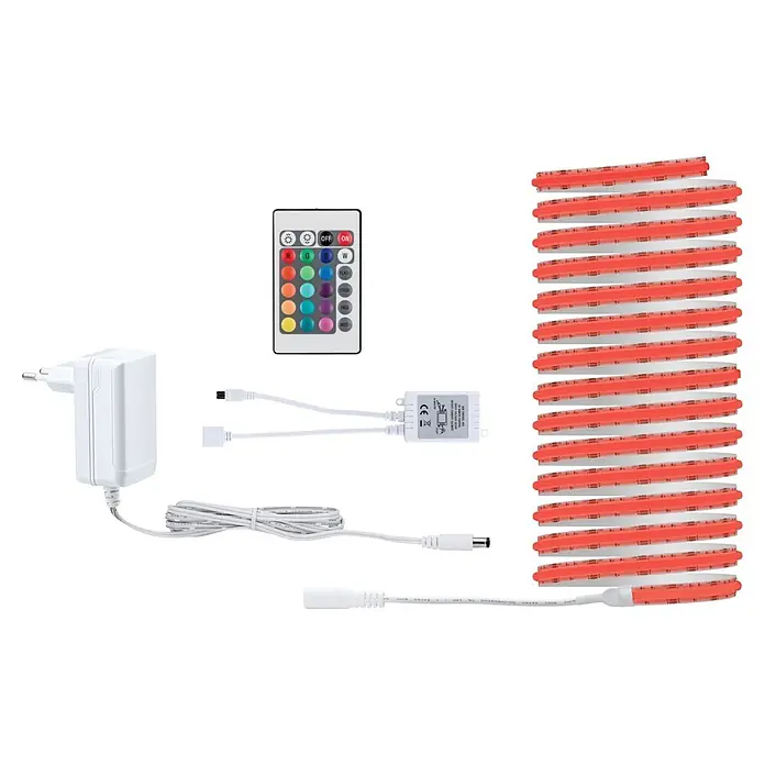 Paulmann SimpLED LED-Stripes - Länge: 5 m, RGB, 17 W, 700 lm - Weißes LED-Streifenlicht-Set mit Netzteil, Fernbedienung, Kabeln und aufgerolltem rot/weißem LED-Streifen.