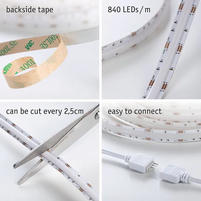 Paulmann SimpLED LED-Stripes - Länge: 5 m, RGB, 17 W, 700 lm - Weißer LED-Streifen mit 3M-Klebeband, 840 LEDs/m, alle 2,5cm zuschneidbar und einfach anzuschließen.