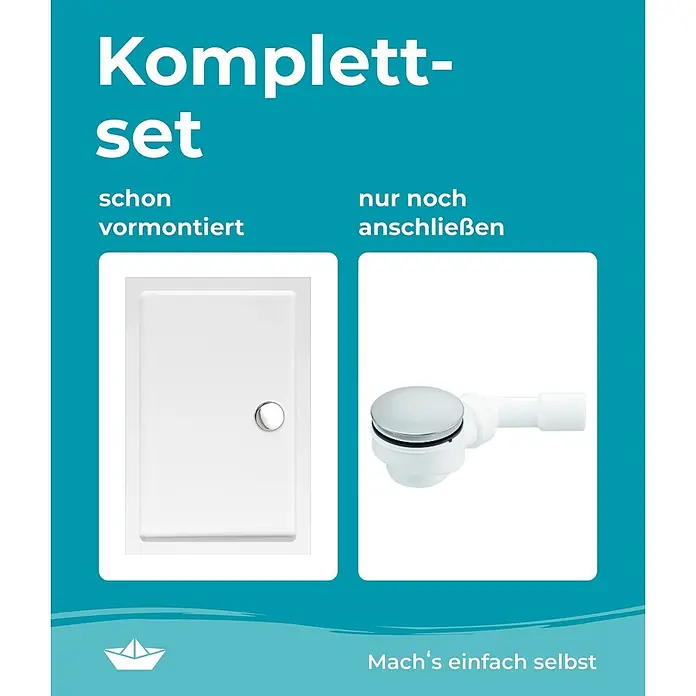 Calmwaters Duschwanne 120x80 cm Komplettset mit Schürze und Ablaufgarnitur, Schürze und Wannenfüße vormontiert, 3,2 mm Acryl, flach, 01SL6219 -  - Weißer Duschwannenablauf mit Chromabdeckung und Abflussrohr, als vormontiertes Komplettset.