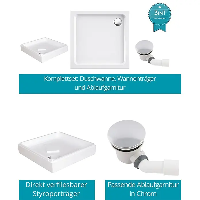 Calmwaters Duschwanne Duschwanne - Kunststoff, Weiß - Komplettset: weiße Duschwanne, passender Styroporträger und Chrom-Ablaufgarnitur.