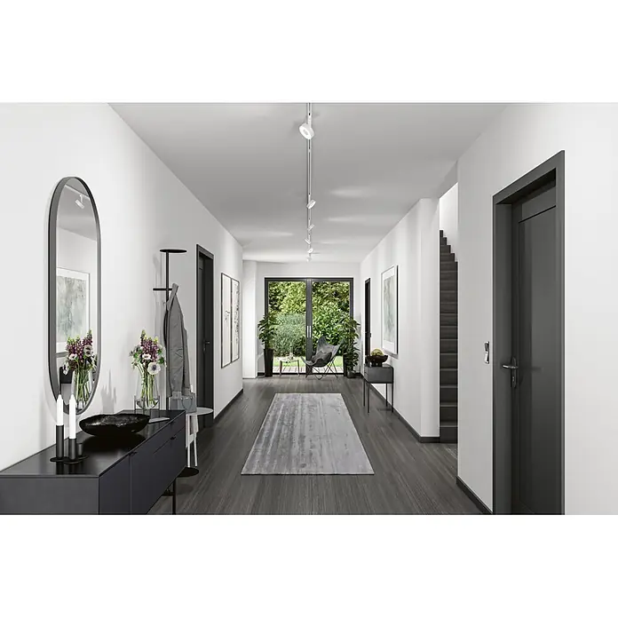 Paulmann URail Basis-Set - Signalweiß, Länge: 2,3 m, Metall - Moderner Flur mit dunklem Holzboden, grauem Teppich und minimalistischen dunklen Möbeln, schafft einen stilvollen Eingang.