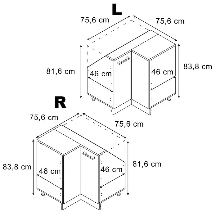 Vicco Schrankküche R-Line Edelgrau mit 1 Tür - Edelgrau, Eck-Dachschrägenschrank 76 cm - Strichzeichnung von zwei Eckunterschränken (L- und R-Konfiguration) mit Maßen: 75,6x75,6 cm Grundfläche, Höhen 81,6 cm und 83,8 cm, 46 cm Innentiefe.