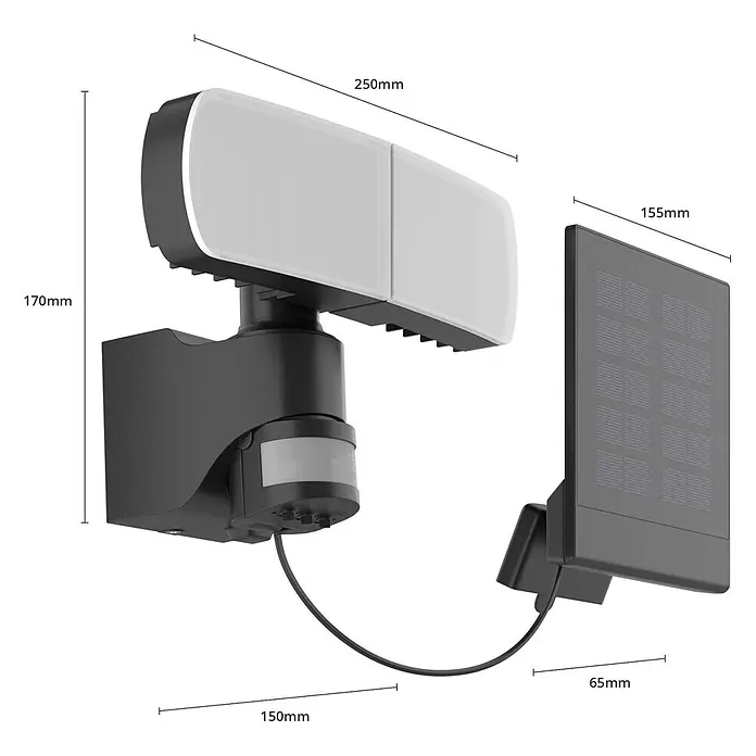 Arcchio Außenwandleuchte Lissano - schwarz, IP44 - Schwarzer solarbetriebener Bewegungssensor-Flutlichtstrahler mit zwei verstellbaren Leuchtköpfen und separatem Solarmodul, das über ein Kabel verbunden ist.