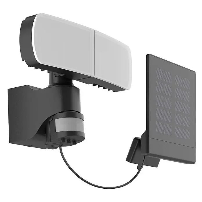 Arcchio Außenwandleuchte Lissano - schwarz, IP44 - Schwarze Solar-Sicherheitsleuchte mit zwei LED-Panelen, Bewegungssensor und separatem Solarpanel.