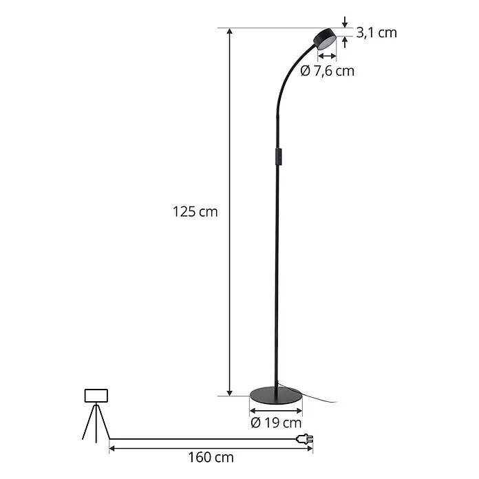 Lindby Stehleuchte Maori - schwarz, schwarz - Schlanke schwarze Stehlampe, 125 cm hoch, mit verstellbarem Kopf (Ø 7,6 cm) und rundem Fuß (Ø 19 cm). Inkl. 160 cm Netzkabel.