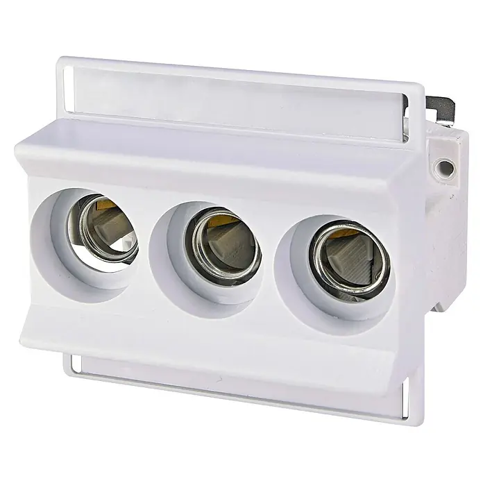 Neozed-Sockel - 400 V, Polanzahl: 3 Stk., E14, D01 - Weißer dreifacher Zigarettenanzünder-Splitter mit drei 12V-Anschlüssen.