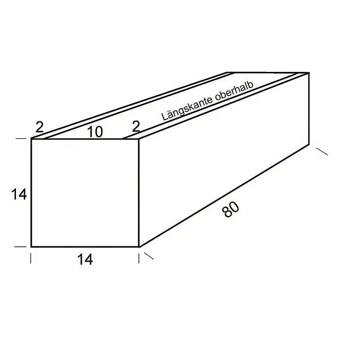 WMT Pflanzkasten - L x B x H: 80 x 14 x 14 cm, Silber, Geeignet für: Stabgitterzäune, Stahl - Darstellung einer rechteckigen Box mit den Maßen 14x14x80 und einer oberen Kante mit den Abschnitten 2, 10 und 2, beschriftet mit "Längskante oberhalb".