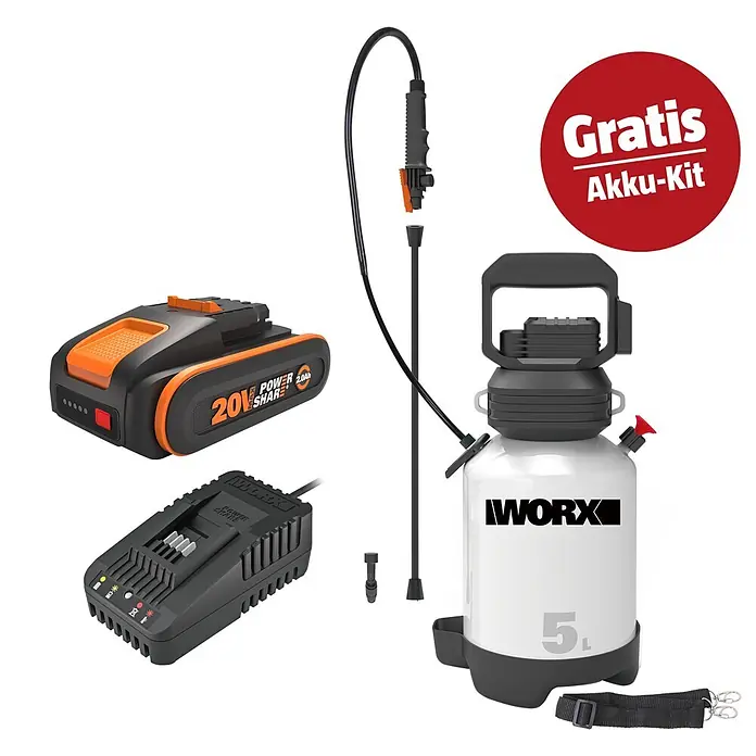 Worx PowerShare 20V Maschinenpaket - Akku-Sprühgerät WG829E.9, 20V, 2,0 Ah Akku & 20V 2A Schnellladegerät - WORX akku-betriebenes 5L Drucksprühgerät-Set mit 20V Akku und Ladegerät, weiß-schwarzer Korpus mit orangen Akzenten.