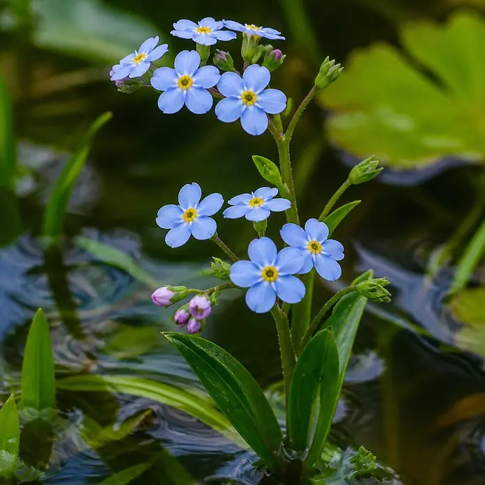 Piardino Sumpf-Vergissmeinnicht - Myosotis palustris, Topfgröße: 9 cm - Gruppe blauer Vergissmeinnicht mit gelben Zentren, grünen Blättern und rosa Knospen im Wasser.