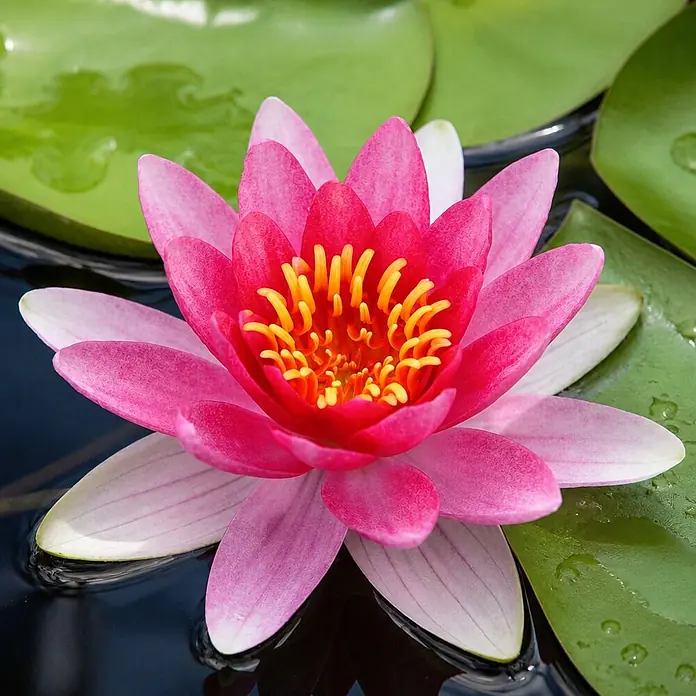 Piardino Seerose - Nymphaea Attraction, Topfvolumen: 1 l - Eine leuchtend pinke Seerose mit gelber Mitte schwimmt auf dunklem Wasser, umgeben von grünen Seerosenblättern.