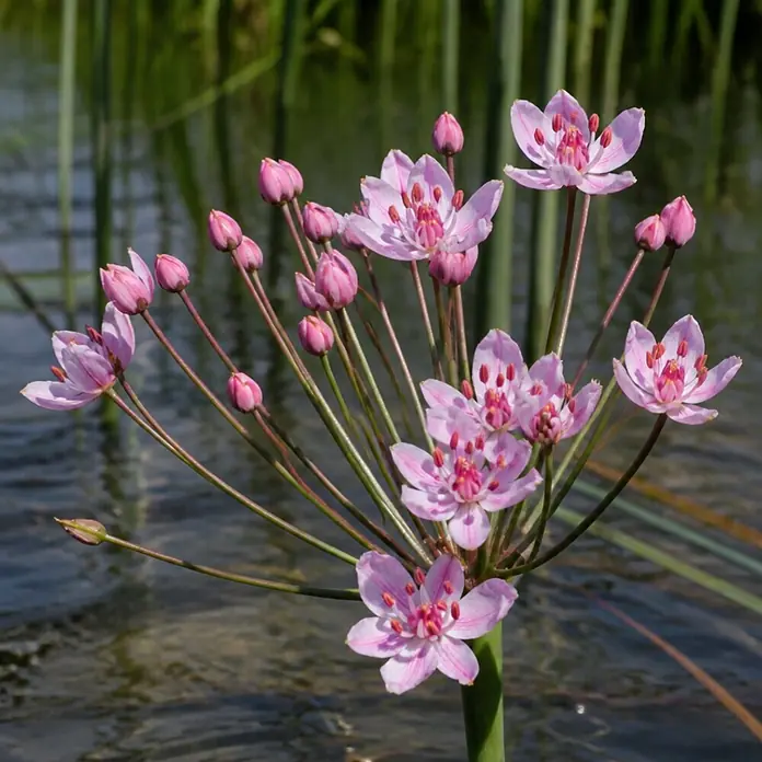 Piardino Schwanenblume - Butomus umbellatus, Topfgröße: 9 cm - Hellrosa Wasserblumen mit leuchtend roten Zentren, die über dem Wasser blühen.