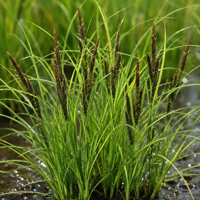 Piardino Segge -  - Grüne Segge mit braunen, stacheligen Samenständen im flachen Wasser wachsend.
