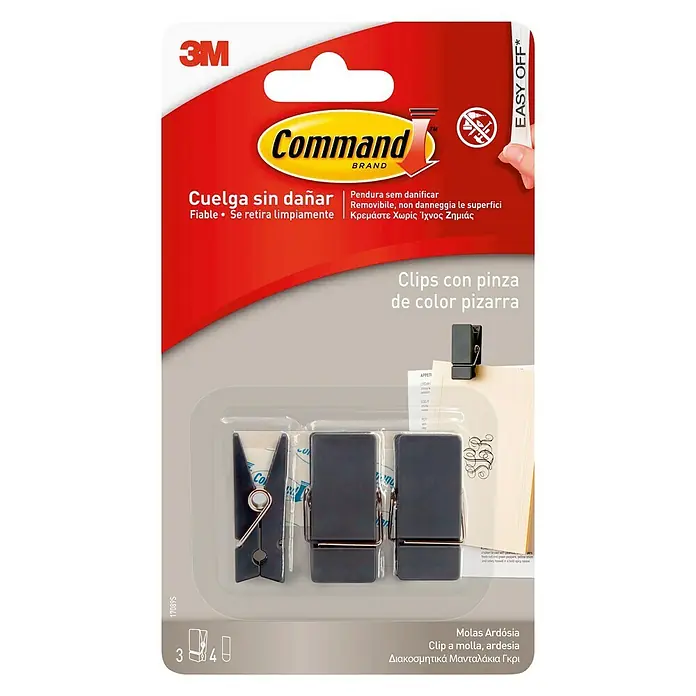 3M Command Set de pinzas - 3 ud., Negro - Clips con pinza color pizarra de Command 3M para colgar fotos y notas sin dañar.