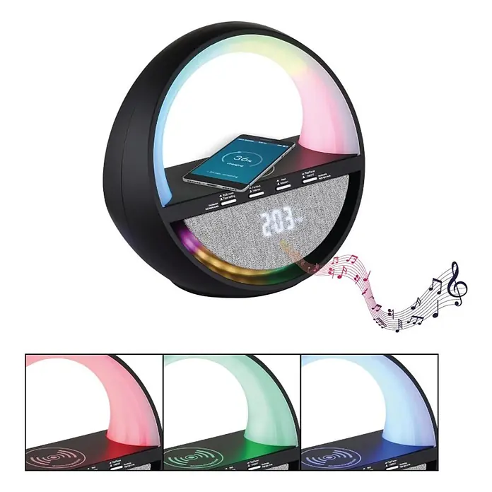 Globo Lámpara de sobremesa Soundra - L x An x Al: 202 x 115 x 183 mm - Lámpara redonda negra con luz RGB, cargador inalámbrico, reloj digital y altavoz. Un teléfono se carga encima.