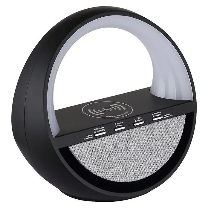 Globo Lámpara de sobremesa Soundra - L x An x Al: 202 x 115 x 183 mm - Lámpara circular negra con anillo de luz blanco, altavoz integrado con rejilla de tela gris y plataforma de carga inalámbrica superior.