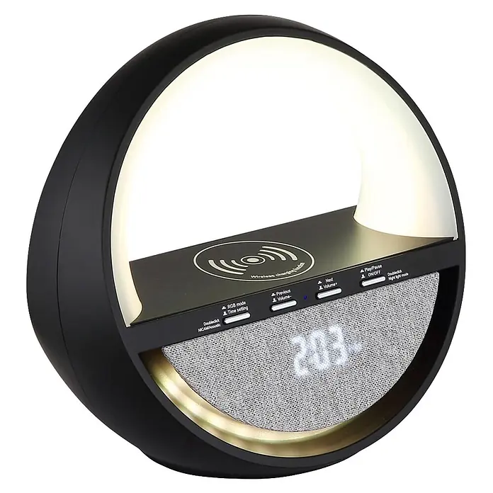 Globo Lámpara de sobremesa Soundra - L x An x Al: 202 x 115 x 183 mm - Despertador anular negro y dorado con luz, cargador inalámbrico, altavoz y pantalla digital.