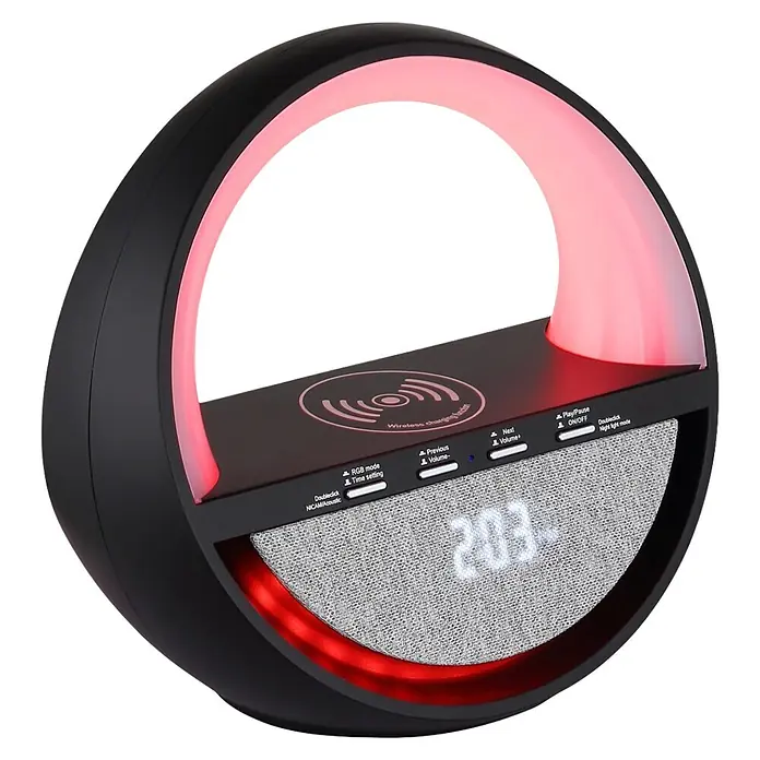 Globo Lámpara de sobremesa Soundra - L x An x Al: 202 x 115 x 183 mm - Lámpara negra en forma de C con LED rojo, cargador inalámbrico, altavoz de tela y reloj digital.