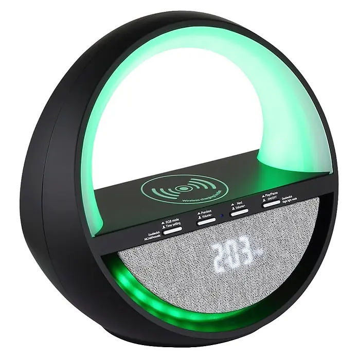 Globo Lámpara de sobremesa Soundra - L x An x Al: 202 x 115 x 183 mm - Altavoz negro multifuncional con lámpara LED verde arqueada, pantalla de reloj digital y almohadilla de carga inalámbrica integrada.