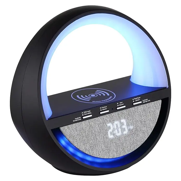 Globo Lámpara de sobremesa Soundra - L x An x Al: 202 x 115 x 183 mm - Lámpara de noche circular negra con LED azul, cargador inalámbrico, altavoz y reloj digital.