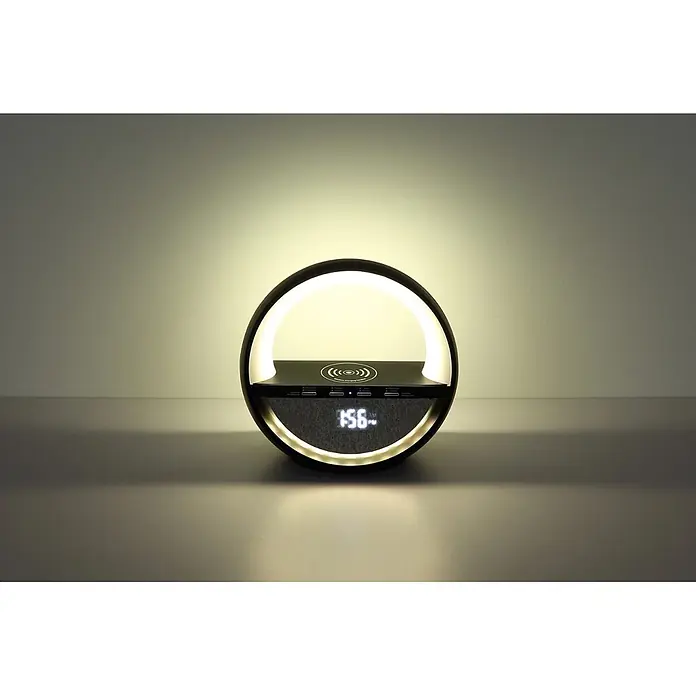 Globo Lámpara de sobremesa Soundra - L x An x Al: 202 x 115 x 183 mm - Lámpara circular negra con luz blanca, cargador inalámbrico integrado, puertos USB, altavoz y reloj digital (1:56).