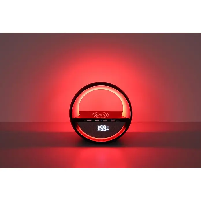 Globo Lámpara de sobremesa Soundra - L x An x Al: 202 x 115 x 183 mm - Lámpara LED circular roja con cargador inalámbrico, reloj digital y puertos USB.