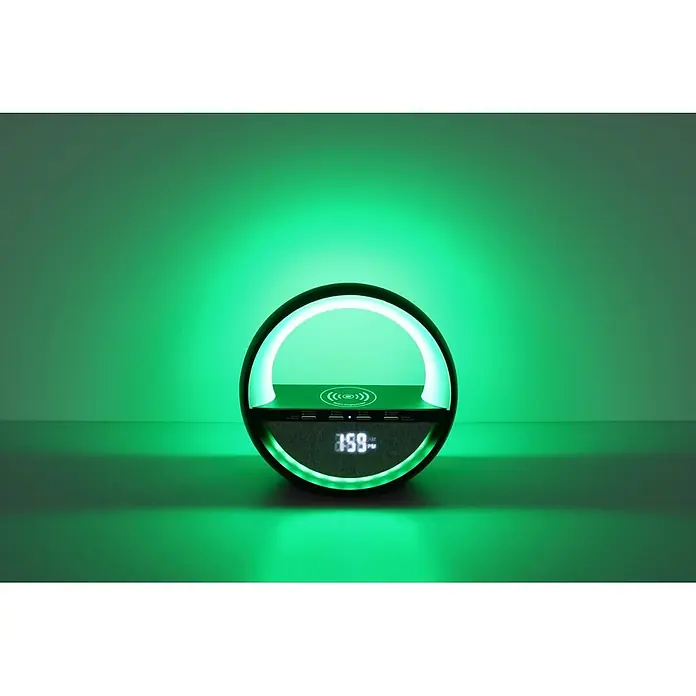 Globo Lámpara de sobremesa Soundra - L x An x Al: 202 x 115 x 183 mm - Lámpara inteligente circular negra con luz LED verde, cargador inalámbrico y pantalla de reloj digital.
