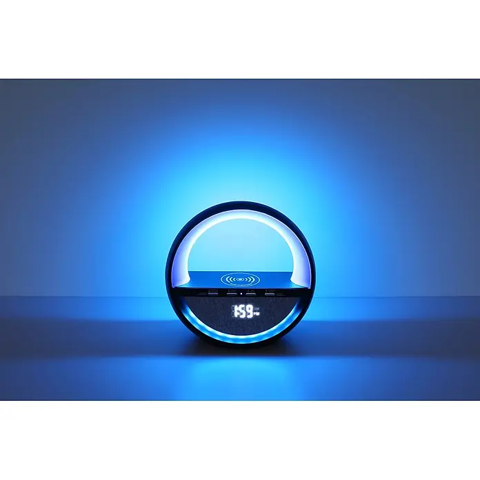 Globo Lámpara de sobremesa Soundra - L x An x Al: 202 x 115 x 183 mm - Lámpara inteligente circular con luz azul, base de carga inalámbrica, puertos USB y pantalla de reloj digital.