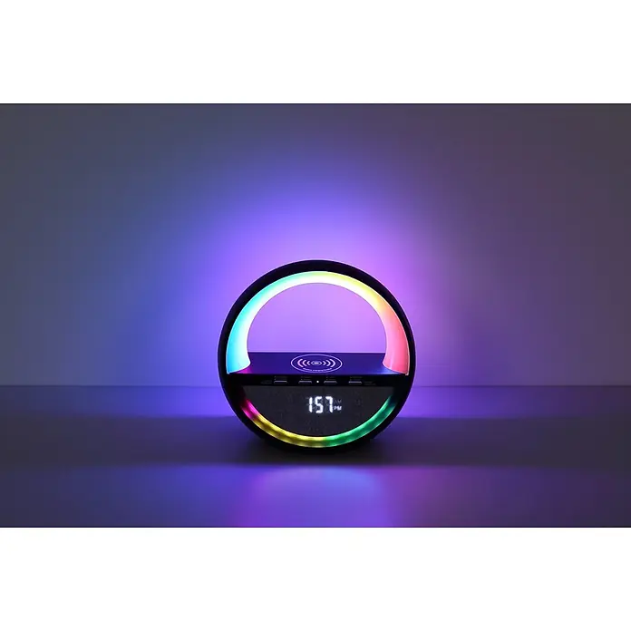 Globo Lámpara de sobremesa Soundra - L x An x Al: 202 x 115 x 183 mm - Lámpara inteligente circular con luz RGB multicolor, reloj digital, cargador inalámbrico y altavoz. Muestra 1:57.