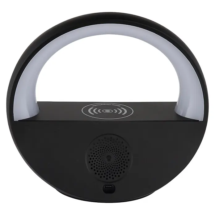 Globo Lámpara de sobremesa Soundra - L x An x Al: 202 x 115 x 183 mm - Lámpara circular negra con tira de luz arqueada, base de carga inalámbrica y altavoz integrado.