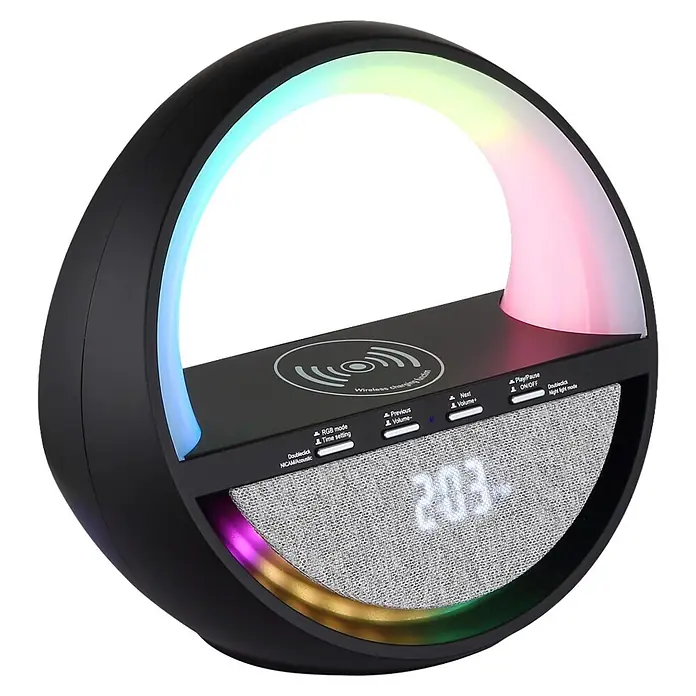 Globo Lámpara de sobremesa Soundra - L x An x Al: 202 x 115 x 183 mm - Lámpara inteligente negra en forma de media luna con anillo de luz RGB, cargador inalámbrico, altavoz de tela y reloj digital.