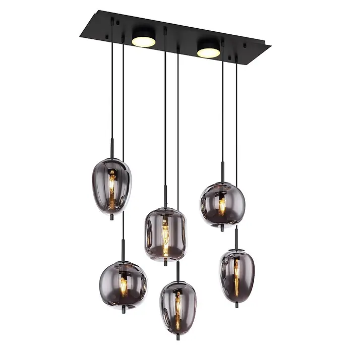 Globo Lámpara colgante BLACKY - Altura: 1.200 mm, Negro - Lámpara de techo colgante negra con seis pantallas de vidrio ahumado de formas variadas y bombillas cálidas.