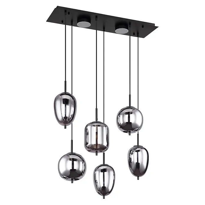 Globo Lámpara colgante BLACKY - Altura: 1.200 mm, Negro - Lámpara colgante múltiple con base rectangular negra y seis pantallas de cristal cromado en varias formas.