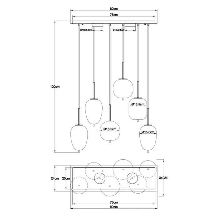 Globo Lámpara colgante BLACKY - Altura: 1.200 mm, Negro - Dibujo técnico de lámpara colgante rectangular con cinco pantallas de cristal de formas y tamaños variados, suspendida de base 76x24cm, altura 120cm.