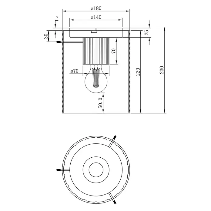 Globo Plafón Tulivar - 40 W, Ø x Al: 18 x 23 cm, E27 - Dibujo técnico de una lámpara de techo circular con pantalla cilíndrica y bombilla expuesta, con dimensiones.