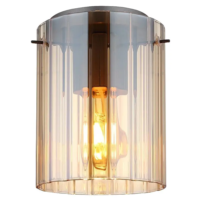 Globo Plafón Tulivar - 40 W, Ø x Al: 18 x 23 cm, E27 - Luminaria de cristal ámbar estriado con soporte de metal oscuro y bombilla encendida.