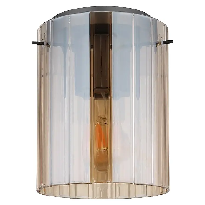 Globo Plafón Tulivar - 40 W, Ø x Al: 18 x 23 cm, E27 - Lámpara cilíndrica con pantalla de vidrio acanalado de tono ámbar y tapa superior oscura.