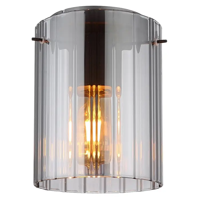 Globo Plafón - 40 W, Ø x Al: 180 x 230 mm, Gris oscuro, E27 - Lámpara colgante de vidrio estriado transparente con detalles de metal oscuro y bombilla de luz cálida.