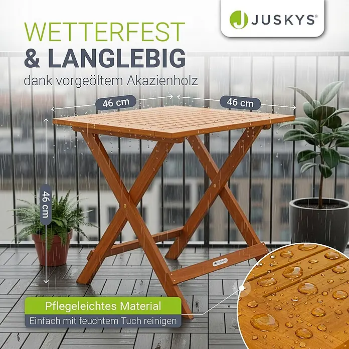 Juskys Gartentisch Zadar - L x B x H: 46 x 46 x 46 cm, Akazie, Quadratisch, natur - Klappbarer Tisch aus braunem Akazienholz, wetterfest und pflegeleicht, Maße 46x46x46 cm.