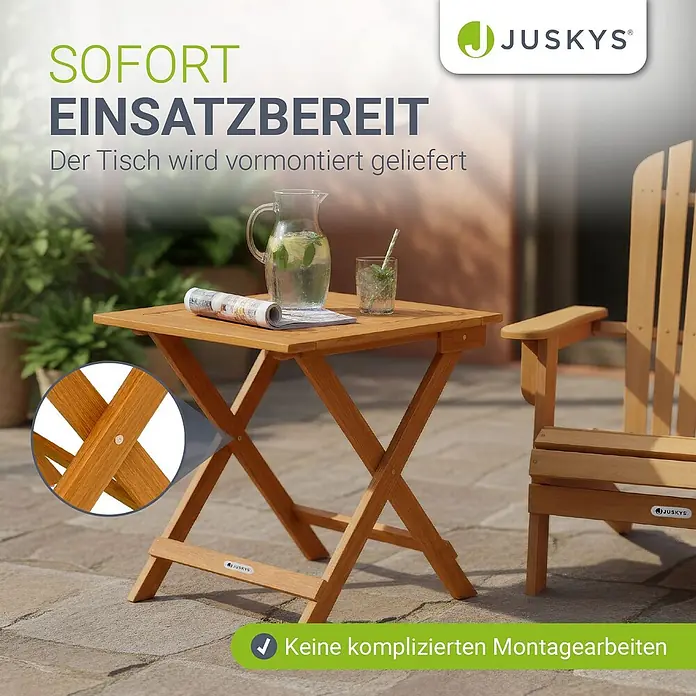 Juskys Gartentisch Zadar - L x B x H: 46 x 46 x 46 cm, Akazie, Quadratisch, natur - Ein klappbarer Holztisch auf einer Terrasse, vormontiert und sofort einsatzbereit für den Außenbereich.