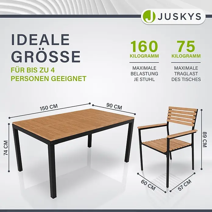 Juskys Gartentisch-Set Rhodos - Gesamtumfang: 5 -tlg., L x B x H: 90 x 150 x 74 cm, Holz, Stapelbar - Gartenmöbel-Set: brauner Lattenrosttisch (150x90x74cm) und passender Stuhl (89cm hoch, 60x57cm Grundfläche), schwarze Gestelle. Max. Belastung: Stuhl 160kg, Tisch 75kg.
