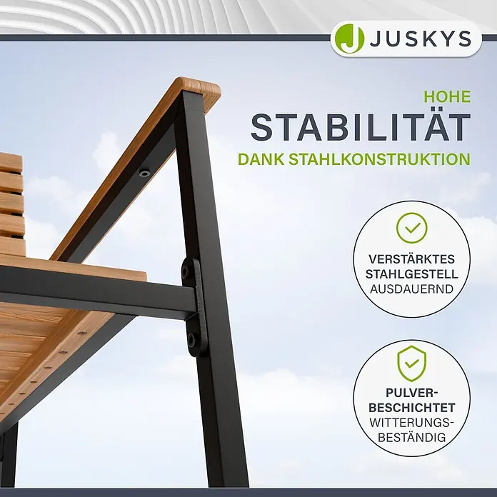 Juskys Gartentisch-Set Rhodos - Gesamtumfang: 5 -tlg., L x B x H: 90 x 150 x 74 cm, Holz, Stapelbar - Dunkelgraues pulverbeschichtetes Stahlgestell mit Holzlatten, bietet hohe Stabilität und Witterungsbeständigkeit.