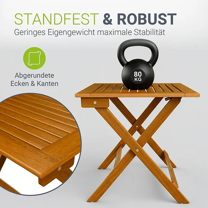 Juskys Gartentisch Zadar - L x B x H: 46 x 46 x 46 cm, Akazie, Quadratisch, natur - Stabiler, brauner Klapptisch aus Holz mit abgerundeten Kanten, gezeigt mit einer 80kg Hantel, die Robustheit betont.